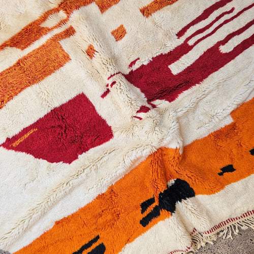 Luxury Beni Mrirt Moroccan Wool Rug – Abstract Orange & Burgundy | 7.2 × 8.2 ft